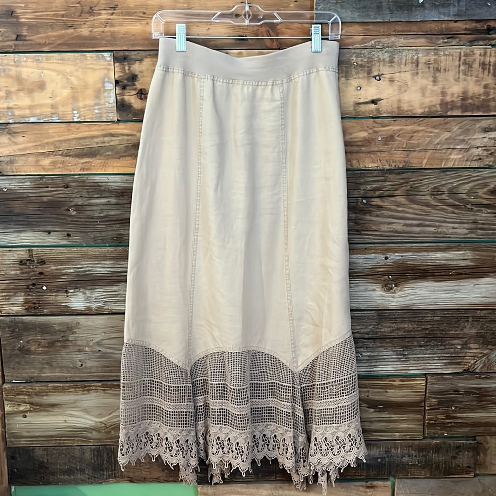 Chicos Full Length Khaki Skirt with Scalloped Crocheted Hem